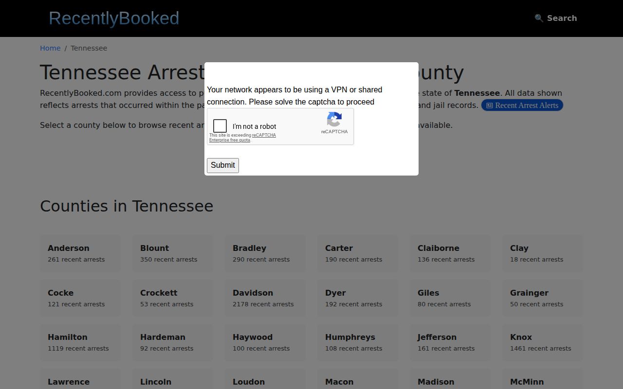 RecentlyBooked Tennessee county list showing statewide coverage categories, without a verified Cannon County section