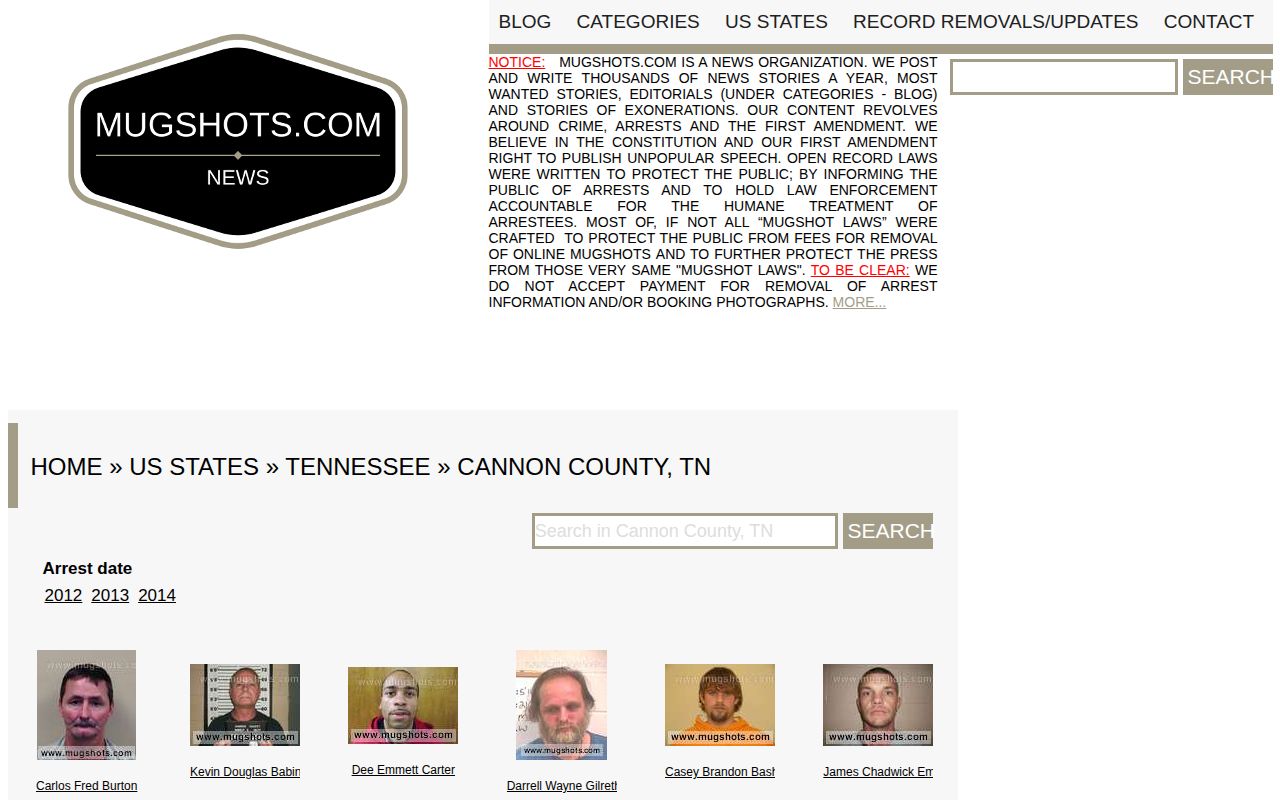 Mugshots.com Cannon County Tennessee page, an unofficial apparent archive