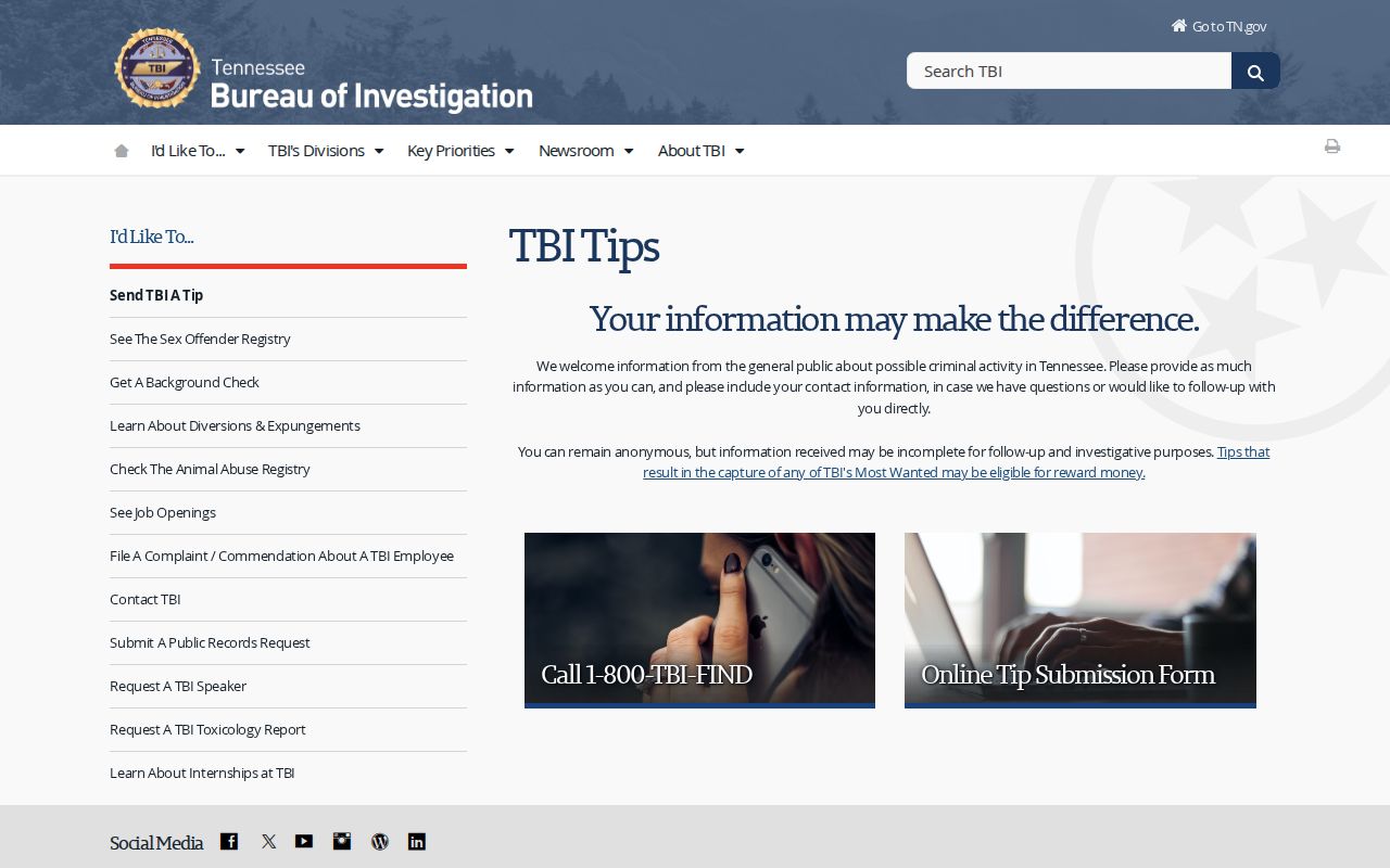 Tennessee Bureau of Investigation tips page with statewide reporting guidance