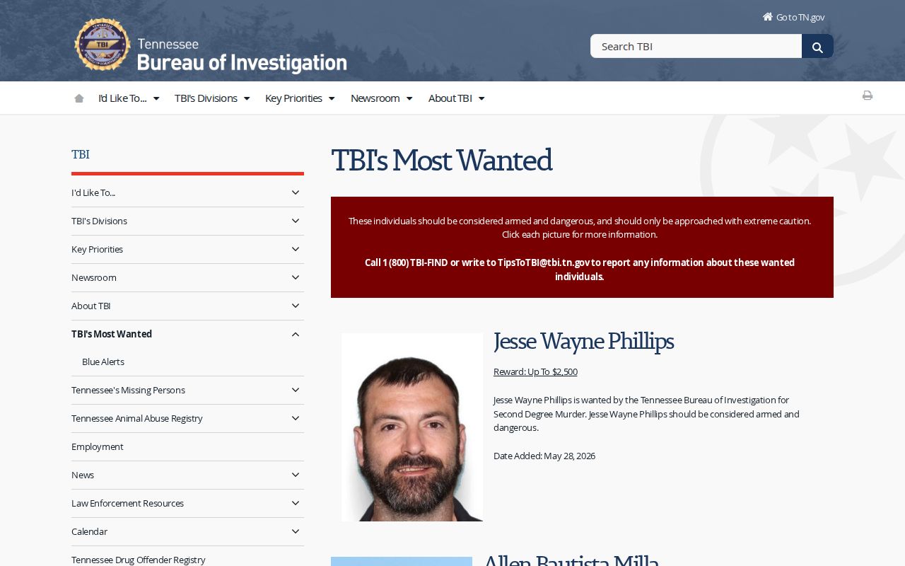 Tennessee Bureau of Investigation Top 10 Most Wanted statewide program page