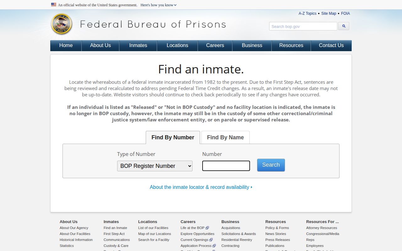 Federal Bureau of Prisons inmate locator page, separate from Cannon County records