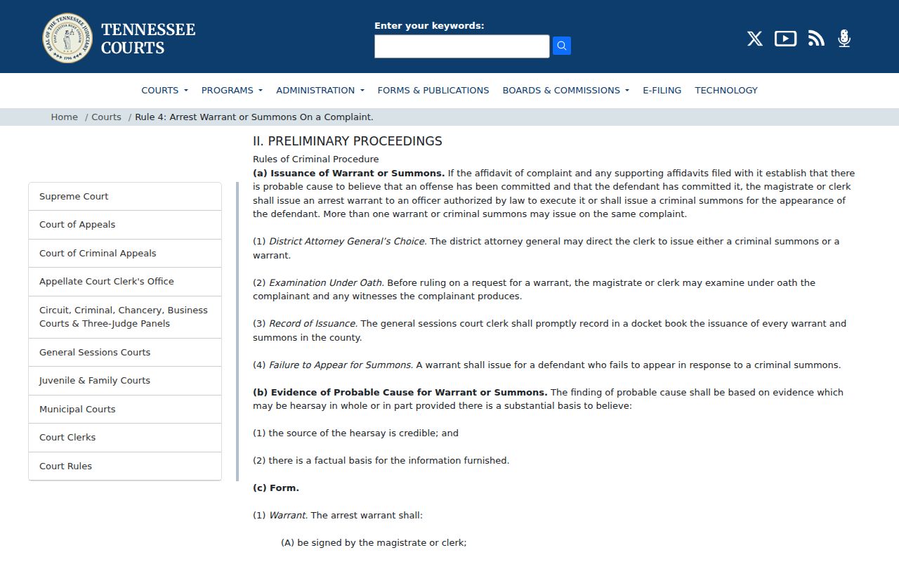 Tennessee Rule 4 page for arrest warrants and criminal summonses